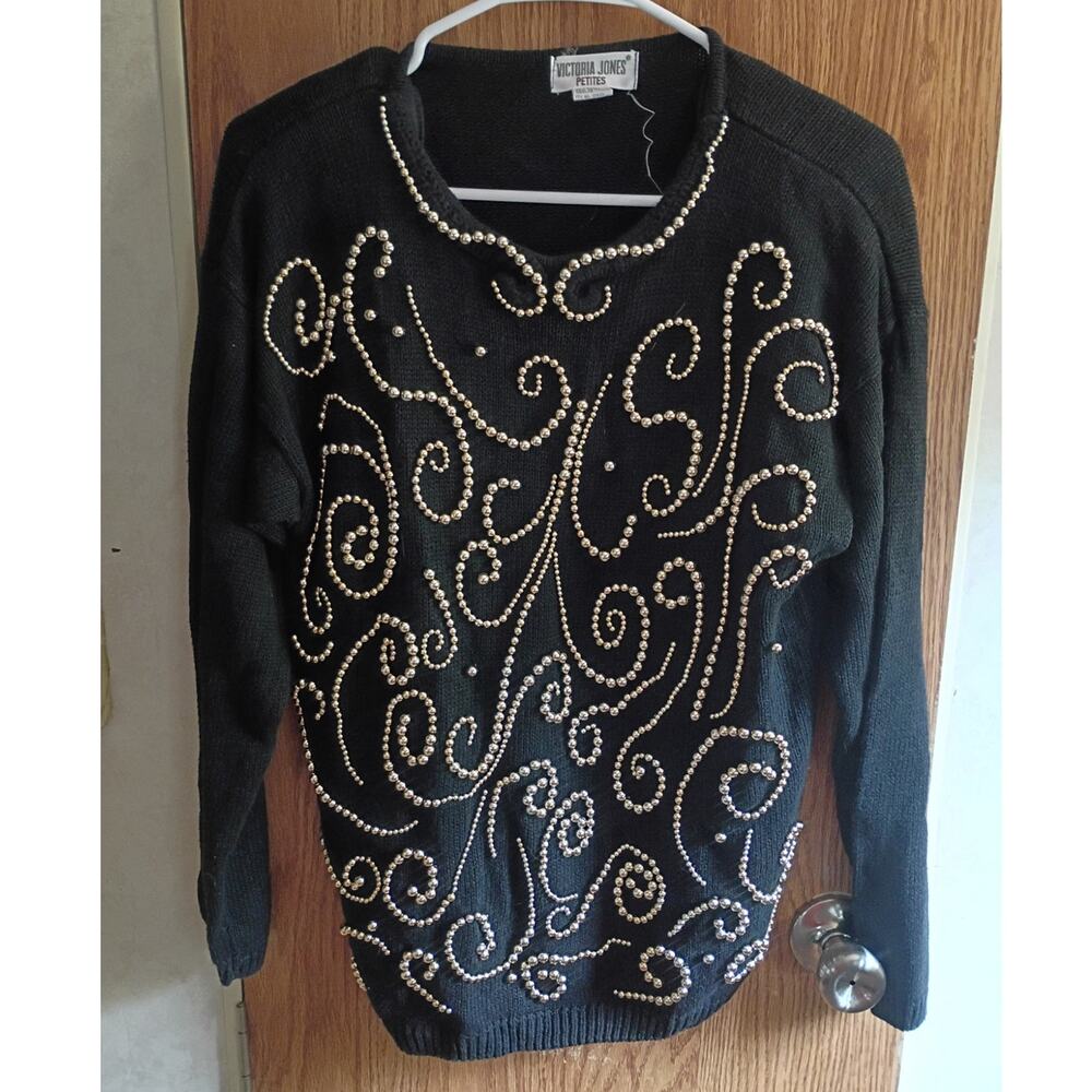 Vintage Black Gold Beaded Sweater Petite Small Ramie Cotton Statement Glam